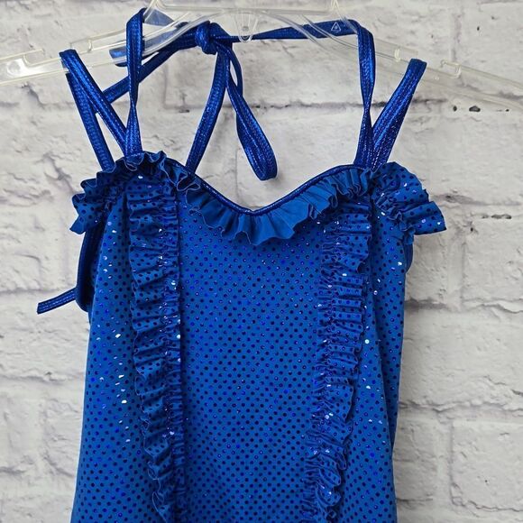 Girls Blue Sequin Ruffle Biketard Sleeveless Leotard Dance Costume Small Feather - Picture 7 of 11